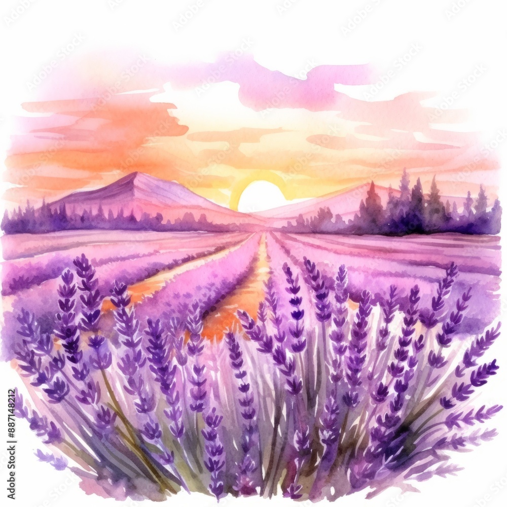 Fototapeta premium A watercolor painting depicting a field of lavender at sunset, with a distant mountain range in the background