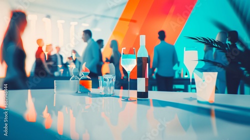 an illustration of Wine glasses standing on table at cocktail party with business people networking