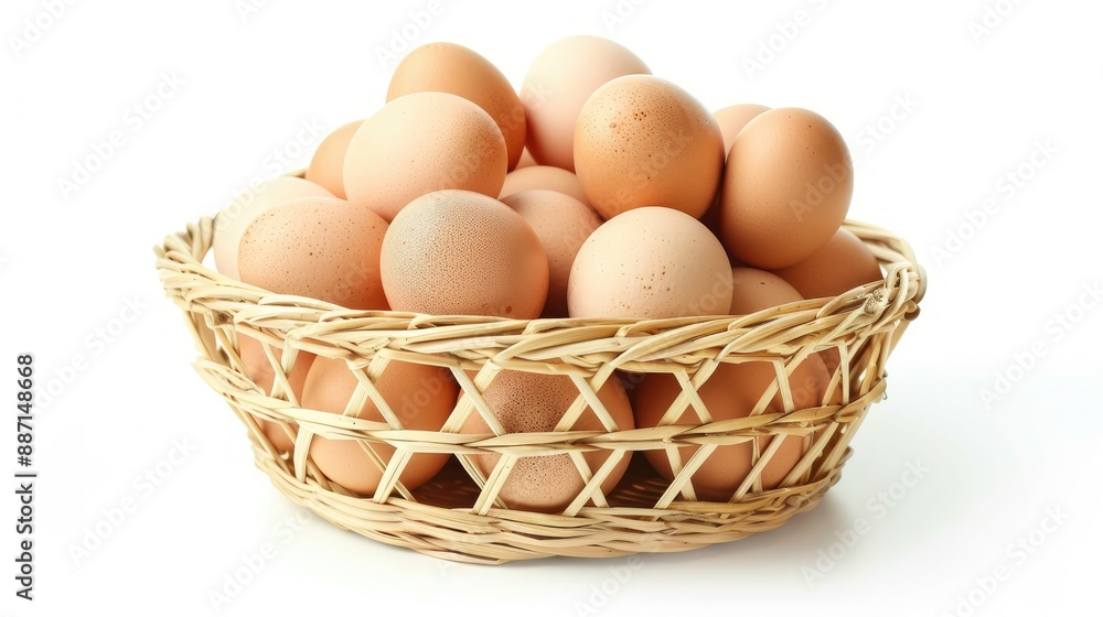 Stack of fresh chicken eggs in wicker bamboo basket, isolated on white background, perfect for food and nutrition advertising Stack of fresh chicken eggs in wicker bamboo basket, isolated on white background, perfect for food and nutrition advertising