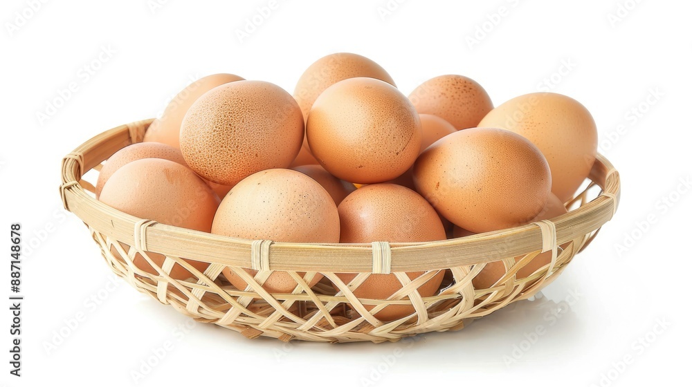 Stack of fresh chicken eggs in wicker bamboo basket, white background, perfect for food and nutrition ads Stack of fresh chicken eggs in wicker bamboo basket, white background, perfect for food and nutrition ads
