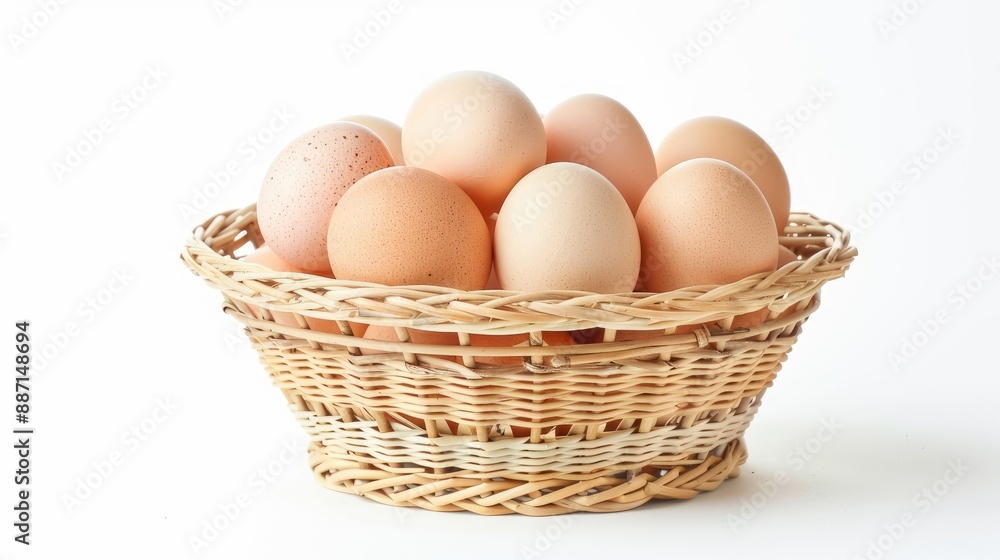 Stack of fresh chicken eggs in wicker bamboo basket, white background, perfect for food and nutrition ads Stack of fresh chicken eggs in wicker bamboo basket, white background, perfect for food and nutrition ads