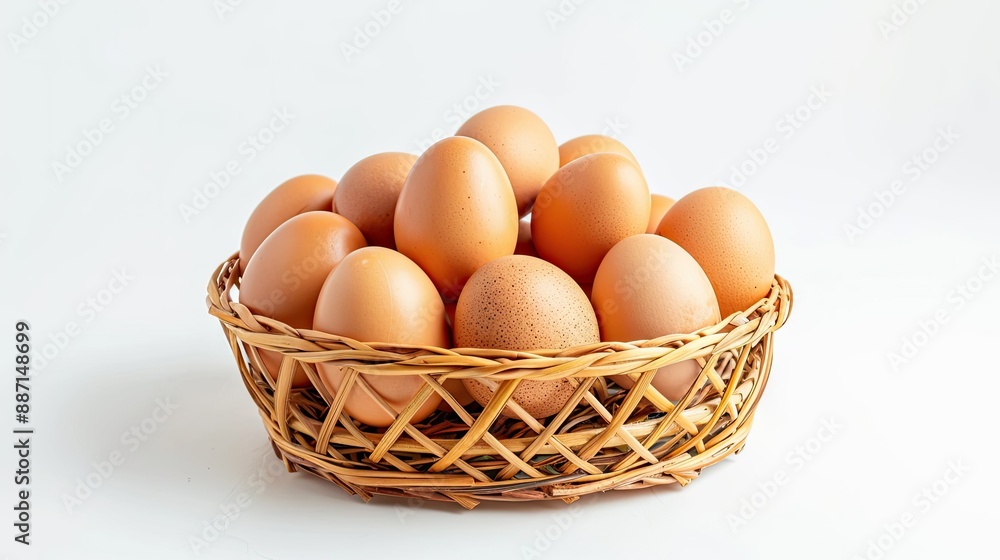 Stack of fresh chicken eggs in wicker bamboo basket, isolated on white background, ample copy space, food and nutrition advertising Stack of fresh chicken eggs in wicker bamboo basket, isolated on white background, ample copy space, food and nutrition advertising