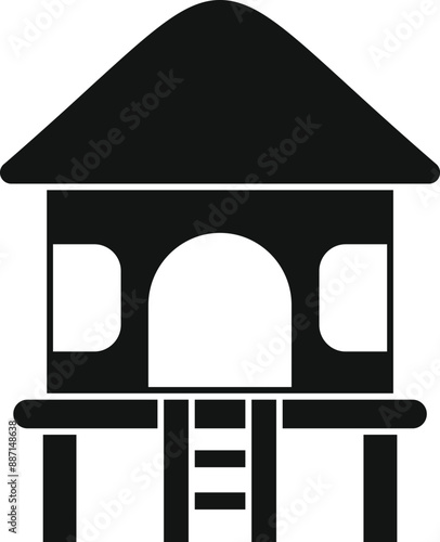 Simple black silhouette of a bungalow on stilts with a ladder leading up to the entrance