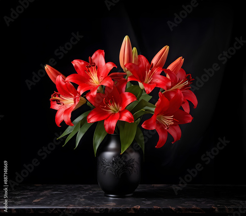 Floral arrangement in a black porcelain vase with red Asiatic lily flowers