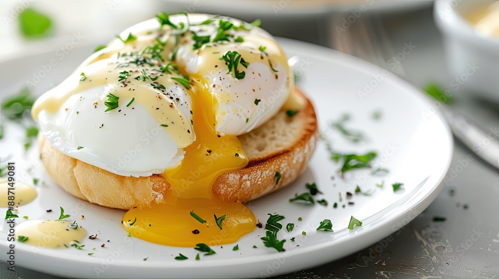 Toasted English muffin with poached egg and hollandaise sauce, close-up on white plate Toasted English muffin with poached egg and hollandaise sauce, close-up on white plate