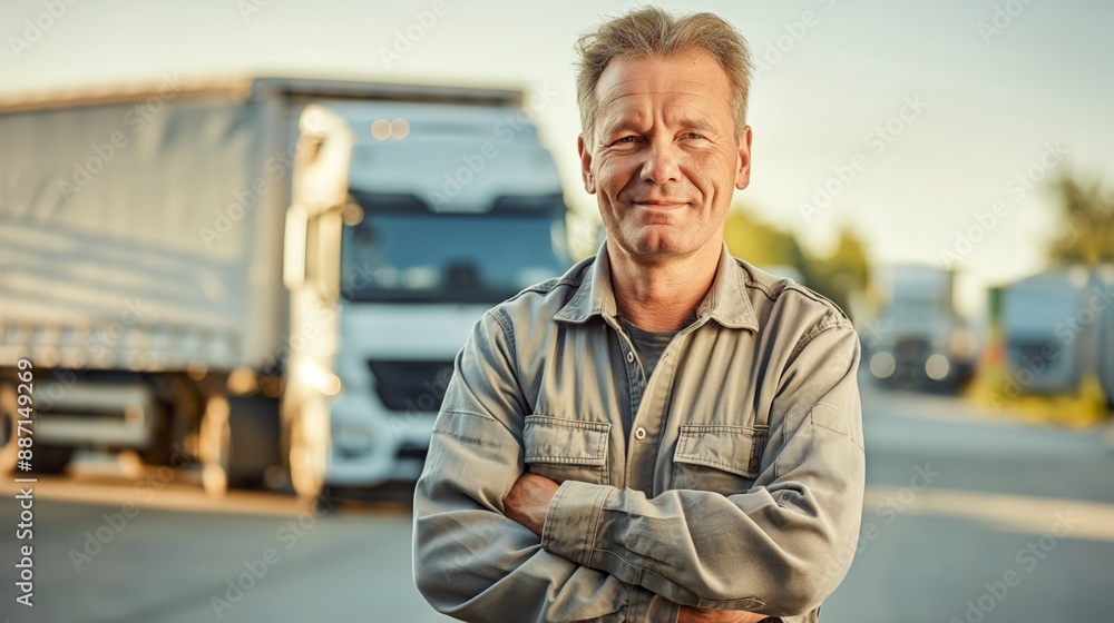 MiddleAged German Man in Work Uniform, Standing Confidently Near Transport Trucks, Perfect for Logistics, Transportation, and Supply Chain Visual Themes MiddleAged German Man in Work Uniform, Standing Confidently Near Transport Trucks, Perfect for Logistics, Transportation, and Supply Chain Visual Themes
