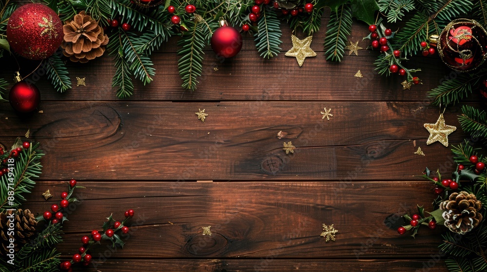 Christmas decorations and tree on a wooden backdrop Overhead view with room for text Food theme with added color Christmas decorations and tree on a wooden backdrop Overhead view with room for text Food theme with added color