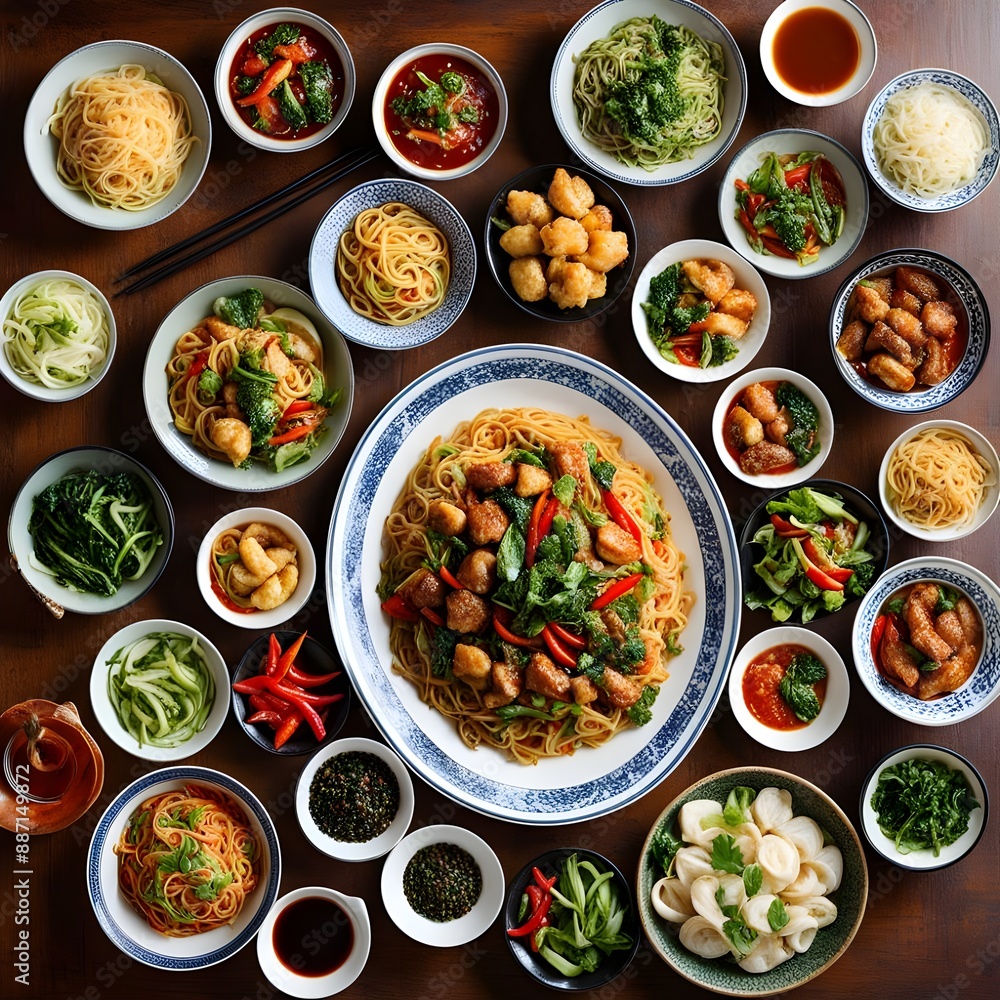 Top view of chinese meal, stir fired noodles, sweet and sour chicken, on round table Top view of chinese meal, stir fired noodles, sweet and sour chicken, on round table
