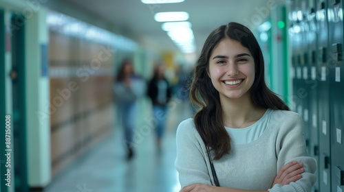 Southern European Female Student Smiling in School Hallway, Diverse Educational Setting for Stock Photography Free Download Southern European Female Student Smiling in School Hallway, Diverse Educational Setting for Stock Photography - GFXLoad