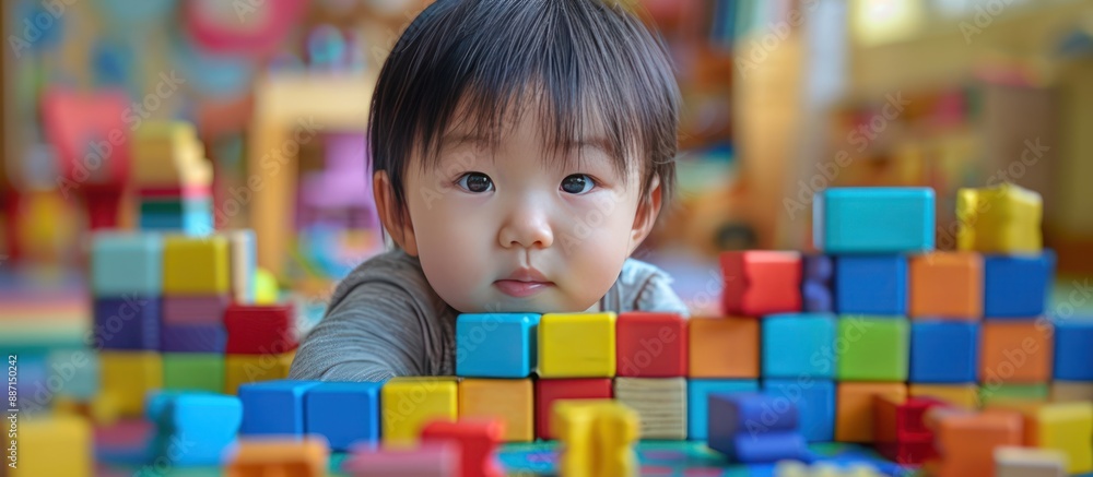 Baby Girl Playing with Colorful Blocks in a Playroom Baby Girl Playing with Colorful Blocks in a Playroom