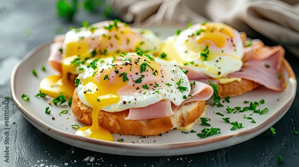 Traditional brunch plate of Eggs Benedict with ham and poached eggs Traditional brunch plate of Eggs Benedict with ham and poached eggs