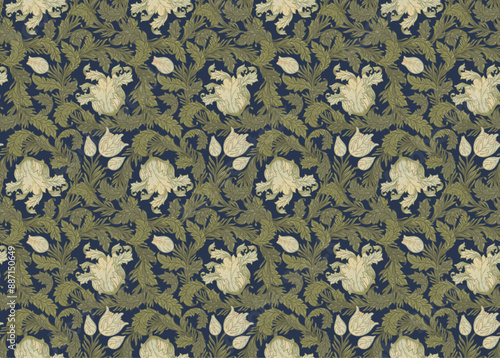 Floral vintage seamless pattern for retro wallpapers, textiles, designs. Enchanted Vintage Flowers. Arts and Crafts movement inspired.