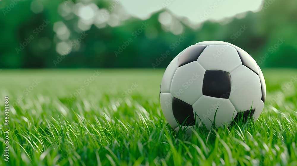 Fototapeta premium A soccer ball is sitting on a green field. The grass is lush and the sky is clear