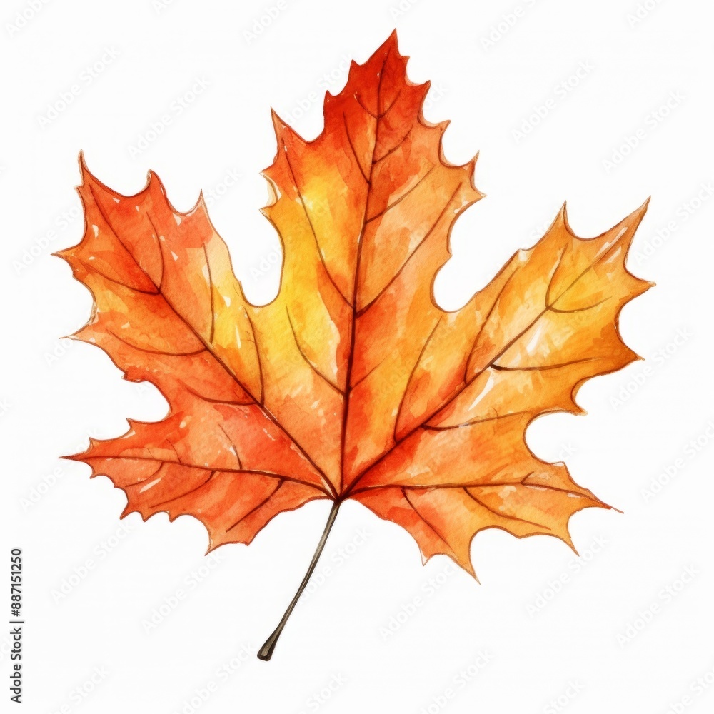 A single orange maple leaf with visible veins painted in watercolor against a white background A single orange maple leaf with visible veins painted in watercolor against a white background