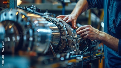 Close-up shot of an aerospace engineer's hands meticulously assembling a complex piece of machinery, showcasing precision and skill.
