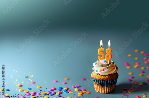 Birthday cupcake with number fifty-eight candle photo