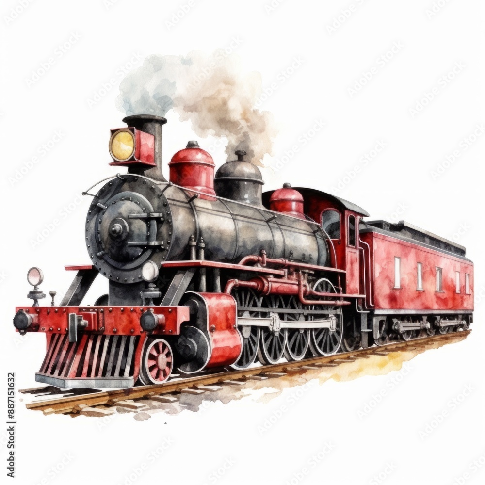 A red and black steam locomotive train moving forward, with smoke coming from its chimney A red and black steam locomotive train moving forward, with smoke coming from its chimney