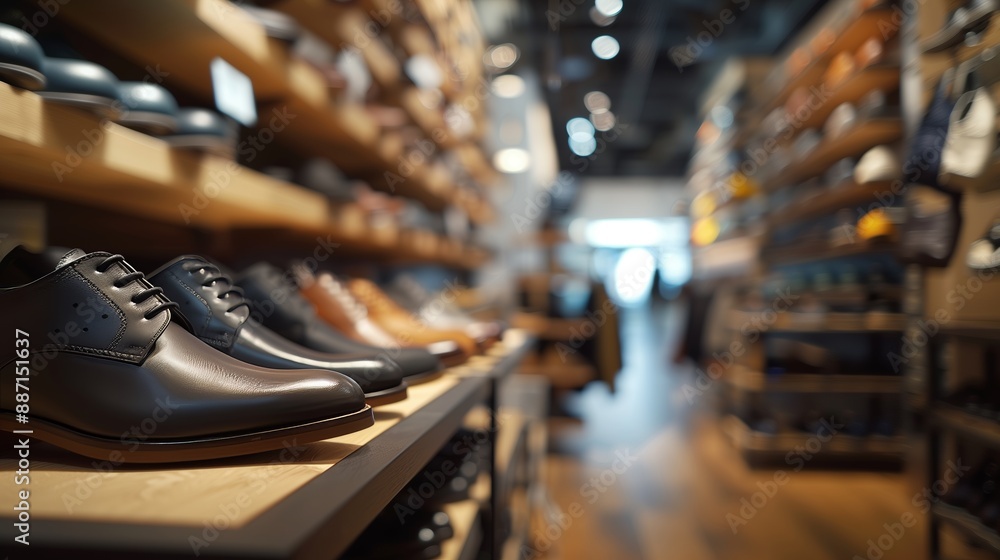 Obraz premium Rows of stylish men's shoes displayed on wooden shelves in a modern shoe shop, with a defocused background and empty space, creating a contemporary retail atmosphere with copy space for text