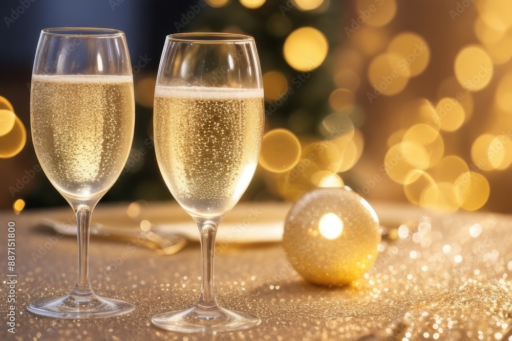 Champagne glasses on a wooden table with a bokeh background Champagne glasses on a wooden table with a bokeh background