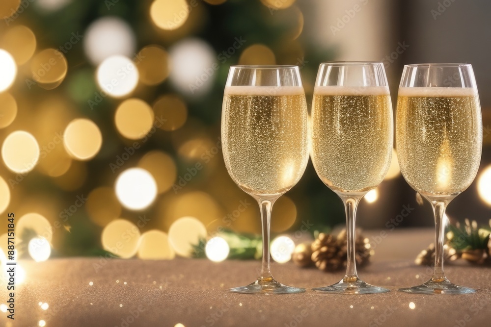 Champagne glasses on a wooden table with a bokeh background Champagne glasses on a wooden table with a bokeh background