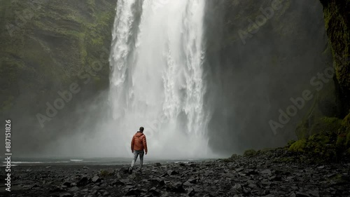 Man admiring the powerful skogafoss waterfall in Iceland breathtaking natural wonder with cascading water, mist, and rugged beauty
