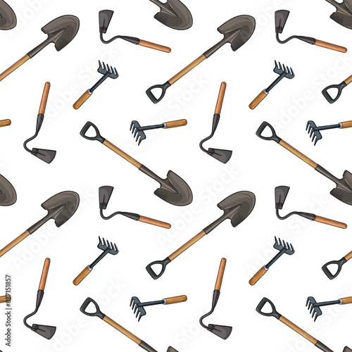 Shovels, hoes and rakes. Seamless pattern of farm tools. Vector illustration.