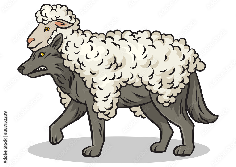 Fototapeta premium Wolf in sheep clothing pinup pop art retro PNG illustration. Comic book style imitation.