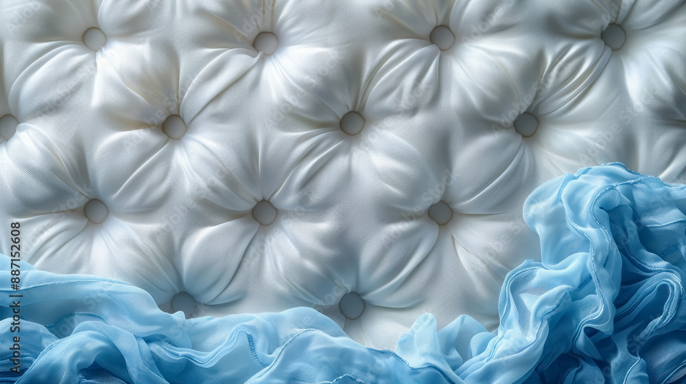 Elegant White Tufted Fabric Texture with Flowing Blue Silk Material Elegant White Tufted Fabric Texture with Flowing Blue Silk Material