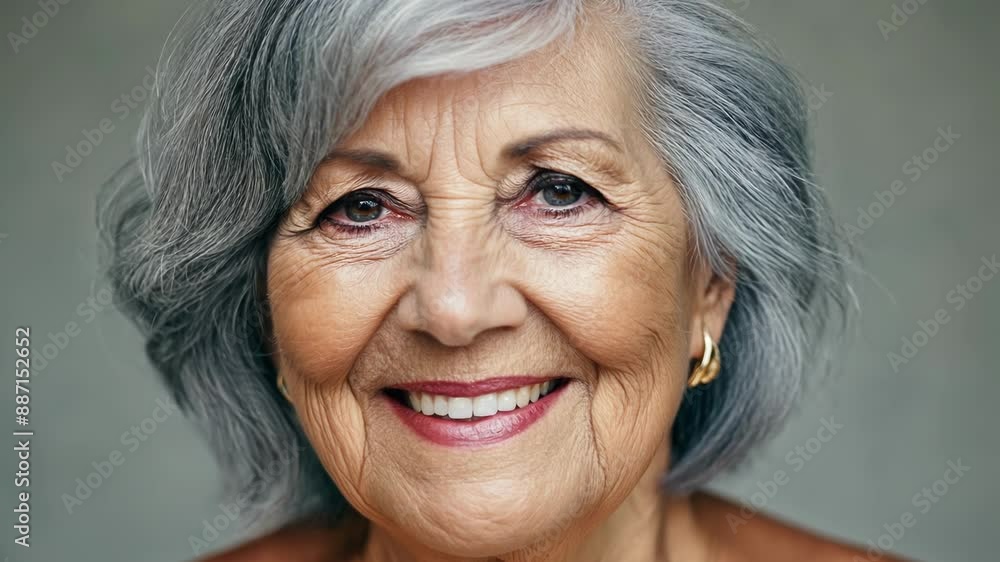 Closeup of a womans face as she confidently rocks her grey hair embracing her natural beauty. Closeup of a womans face as she confidently rocks her grey hair embracing her natural beauty.