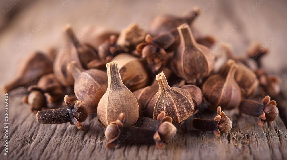 1. Whole cloves with their distinctive shape and rich color, displayed on a wooden surface 1. Whole cloves with their distinctive shape and rich color, displayed on a wooden surface