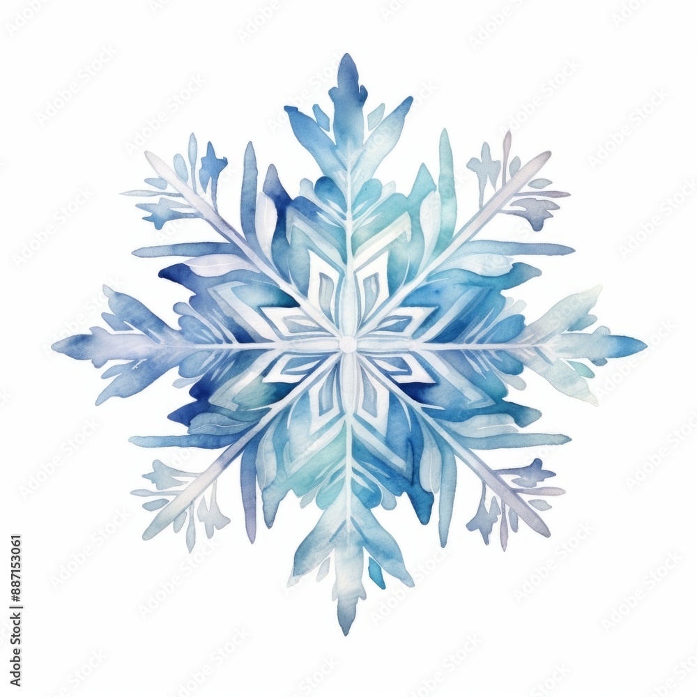 A detailed watercolor painting of a large blue snowflake against a white background A detailed watercolor painting of a large blue snowflake against a white background