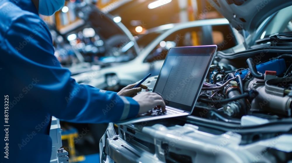 Car Factory Engineer in Work Uniform Using Laptop Computer with Spreadsheet Software. Working with Software at Automotive Industrial Car Factory Engineer in Work Uniform Using Laptop Computer with Spreadsheet Software. Working with Software at Automotive Industrial
