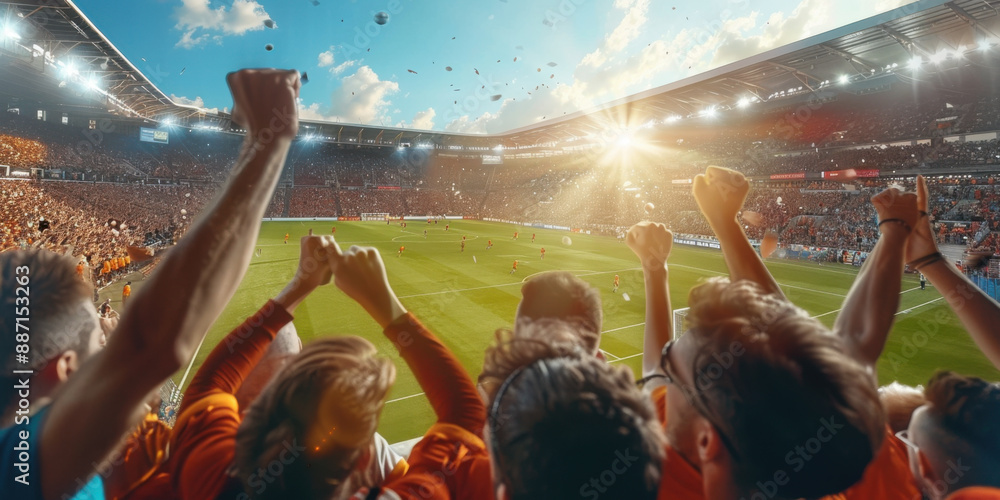 © khonkangrua - Large crowd of football fans cheering in a stadium, raising their arms in excitement during a sunny match, celebrating a victory.