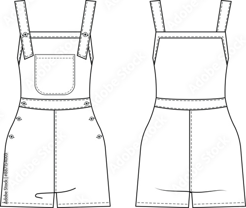 sleeveless square neck shoulder straps strapped strappy pocket buttoned mini short carpenter overall jumpsuit romper template technical drawing flat sketch cad mockup fashion woman design style model
