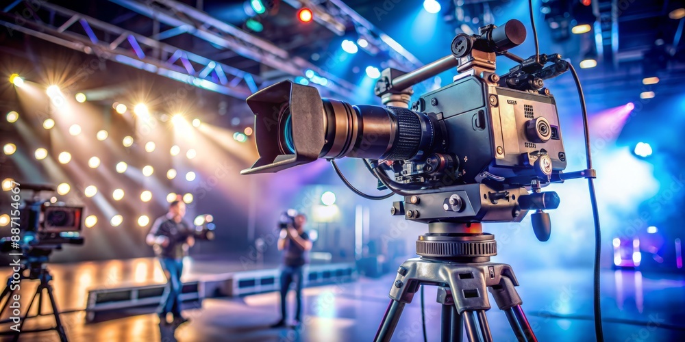 Professional television camera setup on tripod, capturing live event, with lens focused, studio lights illuminating, and cables neatly organized in the background. Professional television camera setup on tripod, capturing live event, with lens focused, studio lights illuminating, and cables neatly organized in the background.