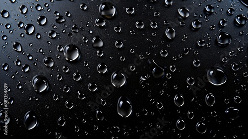 Condensation water drops on a dark glass texture background. Shower or rain droplets, pure aqua blobs. Top view