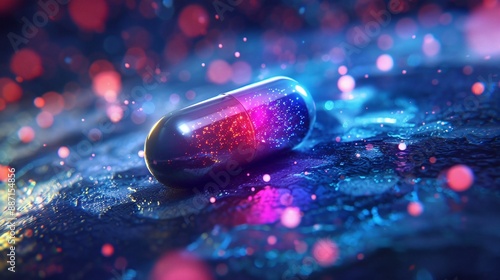 Smart digital pill or capsule on glowing blue and red background. Future Healthcare, Pharmaceutical and scientific medical technology concept. photo