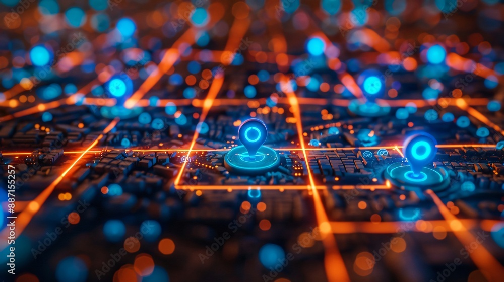 Digital GPS, neon map pin location. Innovation navigation technology concept, network connection, information pointers Digital GPS, neon map pin location. Innovation navigation technology concept, network connection, information pointers