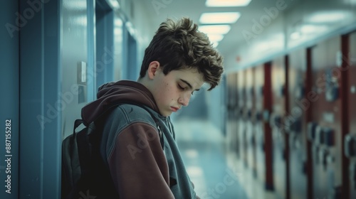 Contemplative Teenage Boy in a School Hallway, Reflective Mood, Diversity and Youthful Expression