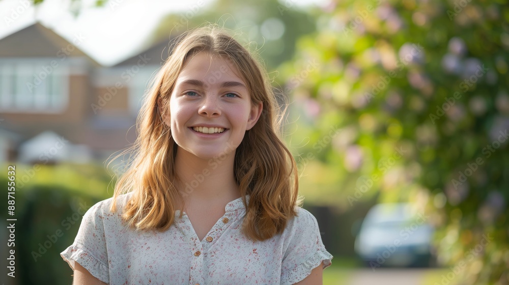 Smiling Teenage Girl in a Garden During Spring, Outdoor Lifestyle and Happiness Concept, Perfect for Posters, Card, or Print Design Smiling Teenage Girl in a Garden During Spring, Outdoor Lifestyle and Happiness Concept, Perfect for Posters, Card, or Print Design