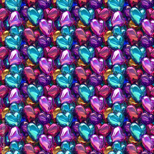 metal heart-shaped balloons in vivid color, repeatable seamless background pattern tile