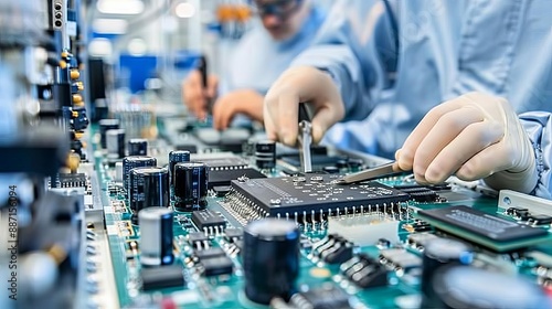 Electronic Print Circuit board PCB Assembly Technicians assembling PCBs with precision tools in a cleanroom environment photo