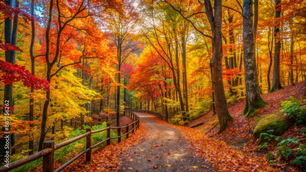 Obraz premium Vibrant autumn foliage surrounds a winding forest trail, evoking feelings of adventure and camaraderie, perfect for outdoor leisure and travel enthusiasts seeking scenic escapes.