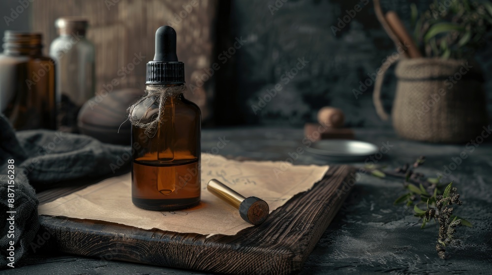 Bottle and pipette with space for writing calming oil on dark backdrop Bottle and pipette with space for writing calming oil on dark backdrop