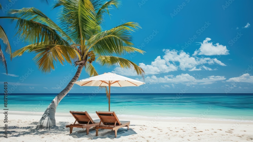 Beautiful tropical island scenery two sun beds loungers umbrella under palm tree White sand sea view with horizon idyllic blue sky calmness and relaxation Inspirational beach resort hotel Beautiful tropical island scenery two sun beds loungers umbrella under palm tree White sand sea view with horizon idyllic blue sky calmness and relaxation Inspirational beach resort hotel