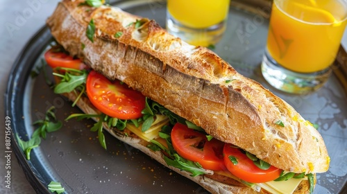 baguette sandwich with orange juice photo