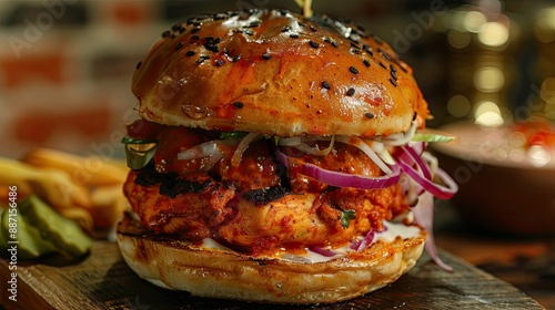 Burger with tandoori chicken pieces inside photo