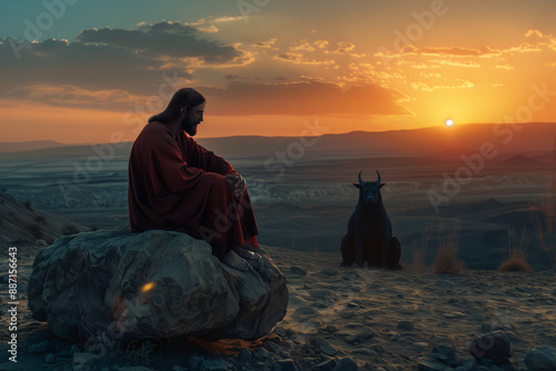 Temptation of Christ. Jesus sits on a rock in the desert, fasting and praying, undergoing a spiritual struggle. The Devil, a dark horned beast, is sitting close to him, trying to tempt him into sin.