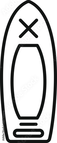 Simple black and white line drawing of a kayak, as seen from above, suitable for use as an icon