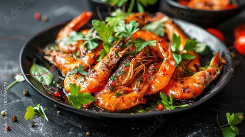 Portion of grilled tiger shrimp dish in a black plate photo